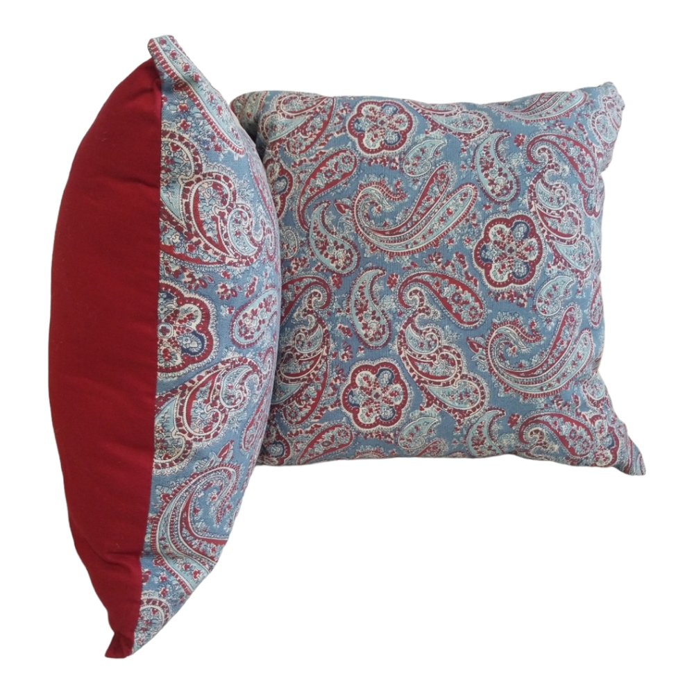 NEW Pair (2): Dusky Blue & Red Paisley Print Throw Pillows